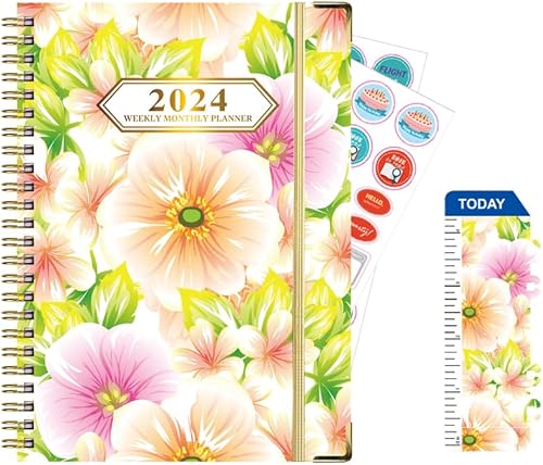 Agenda académica 2024 semanal y mensual, 6.4 x 8.5 pulgadas, pestañas, bolsillo trasero, doble fuerte, encuadernación de alambre, tapa dura, papel