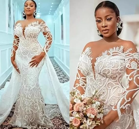 GREOENEL Amor Plus Size Mermaid Wedding Dresses with Detachable Train Beaded Lace Appliqued African ASO EBI Bridal Gown