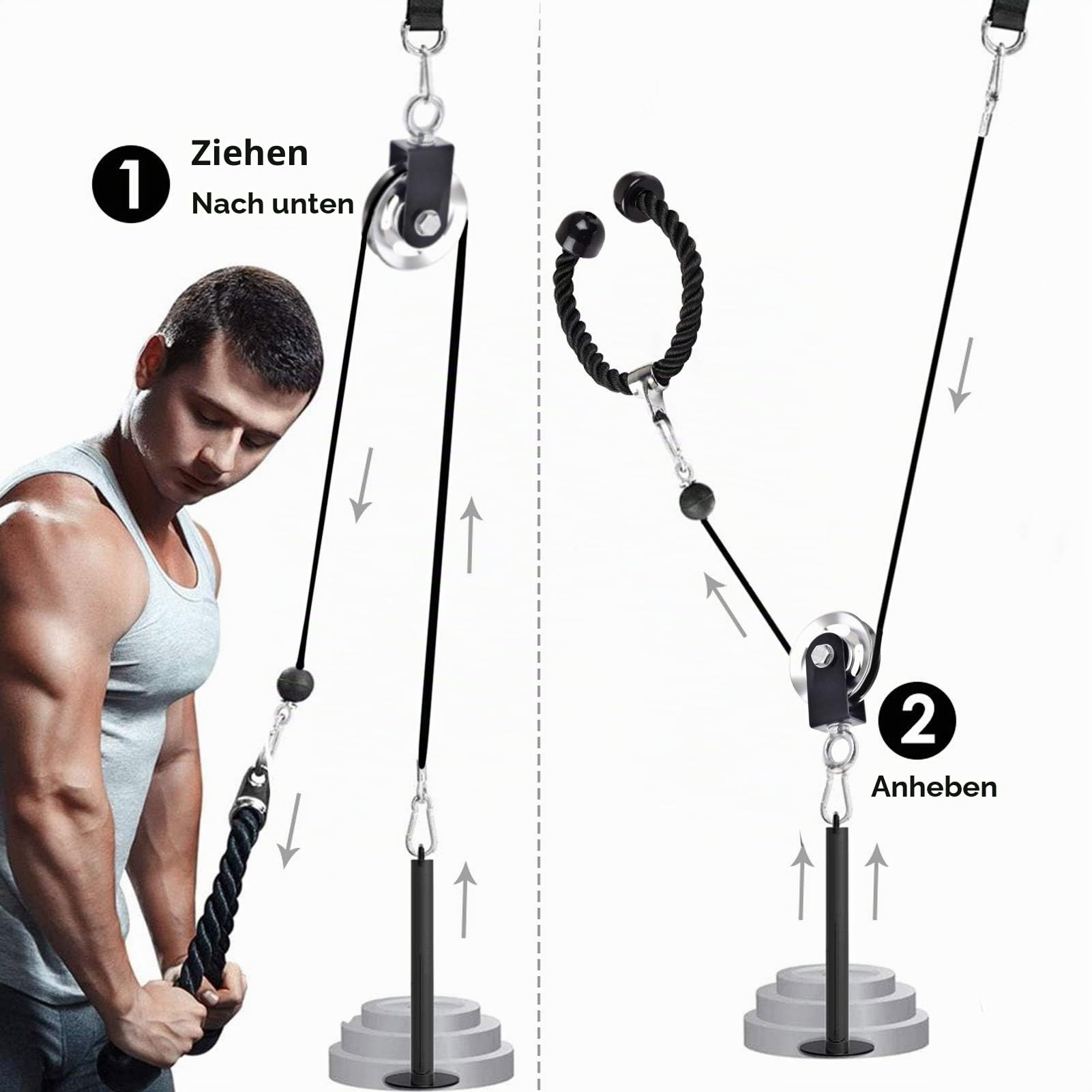 Kabelzug Fitness Set für Zuhause, Seilzug Fitness Trainingsgerät mit Trizepsseil, 9 cm Aluminium-Umlenkrolle, 2 m Stahlseil und Loading Pin für Latzug, Bizeps, Trizeps und Oberkörpertraining