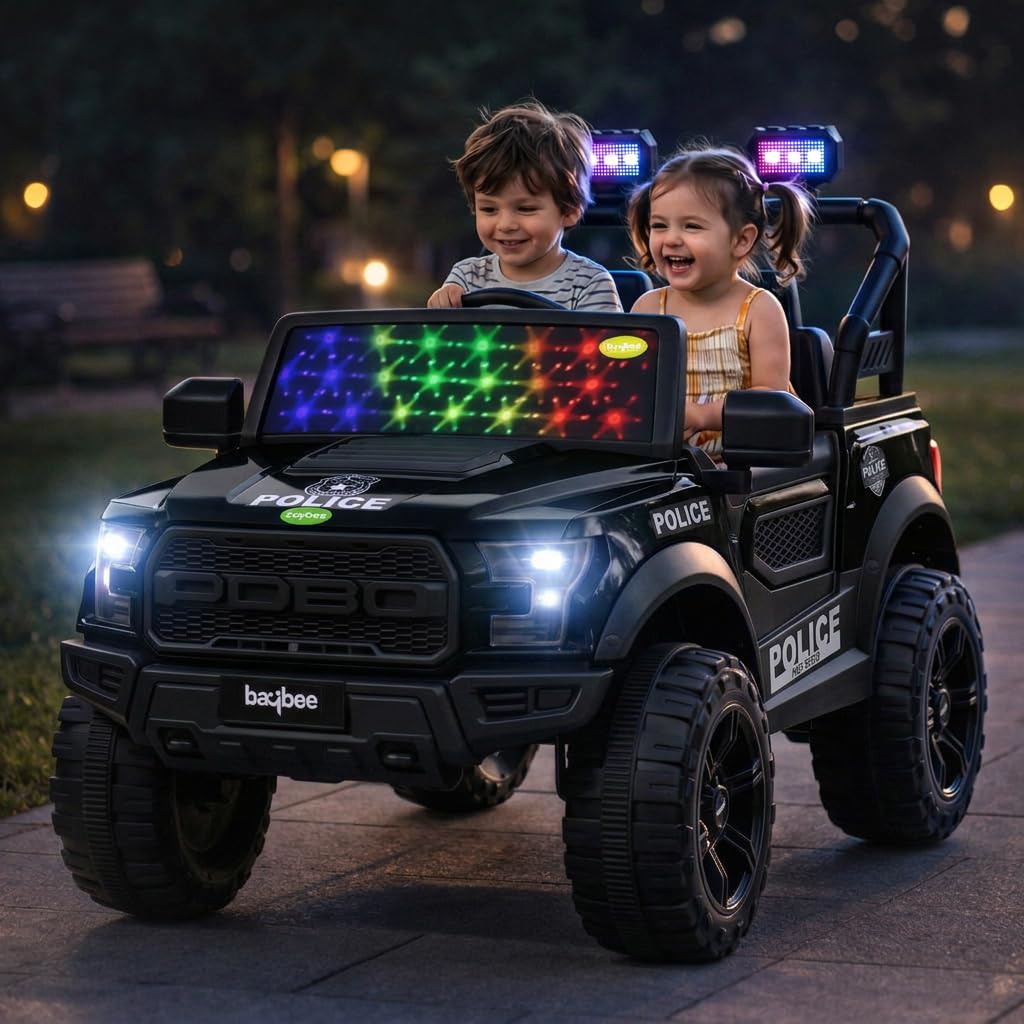 Baybee POBO Battery Operated Jeep for Kids, Ride on Toy Kid Car with RGB Windshield Light & Music | Electric Jeep Battery Car | Baby Big Cars for Kids to Drive 3 to 8 Years (Black Police Edition)-image-9