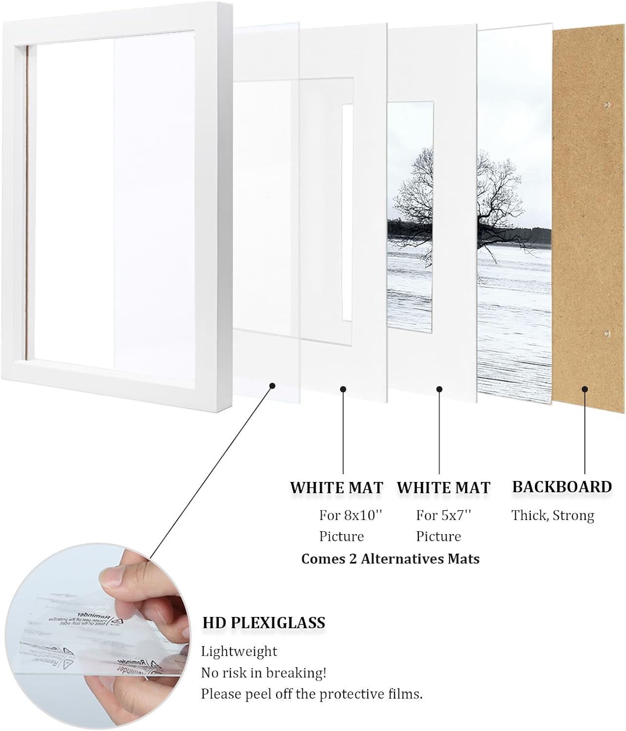 Egofine 11x14 Picture Frames Set of 4, Made of Solid Wood Covered by Plexiglass 5x7 and 8x10 with Mat or 11x14 without Mat, for Table Top Display and Wall Mounting Photo Frame White - Image 4