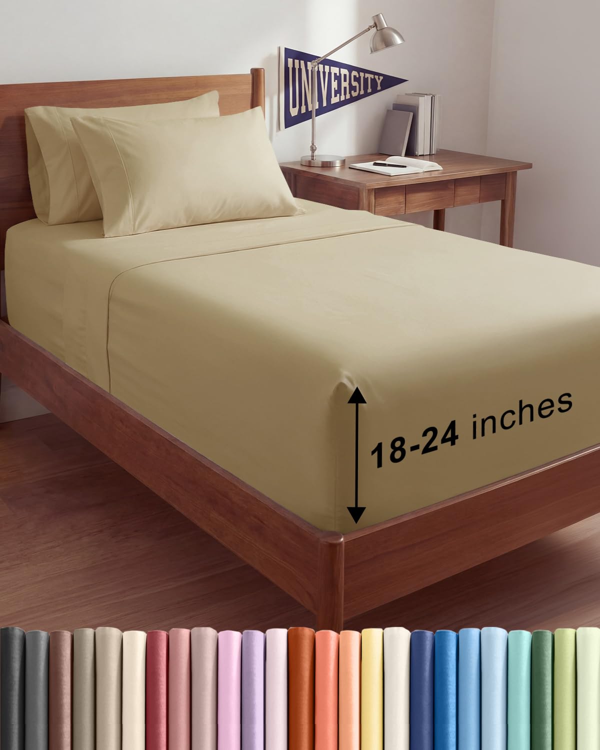 CGK Extra Deep Twin XL Sheet Set - 4pc College Dorm Room - Beige