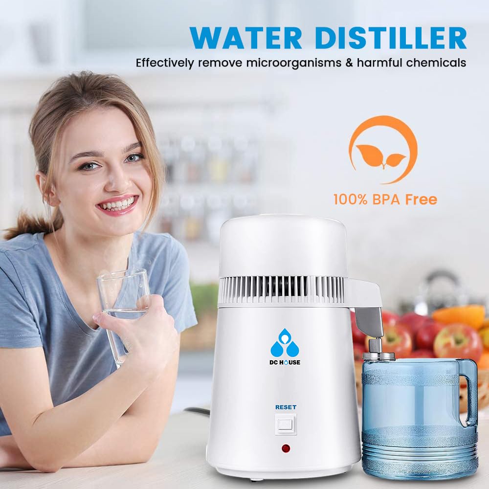 DC HOUSE 1 Gallon Water Distiller Machine, 750W 4L Pure Distilled Water Maker Machine for Home Countertop Table Desktop, Drinking Purifier for Home Kitchen CPAP Hmidifiers with Pastic Container
