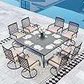 Sophia & William Outdoor Dining Set of 9, Large Square Patio Dining Table with 8 Swivel Rocking Dining Chairs with Cushion, Metal Black sOutdoor Table and Chairs for Garden Backyard Bistro