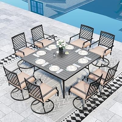 Sophia & William Outdoor Dining Set of 9, Large Square Patio Dining Table with 8 Swivel Rocking Dining Chairs with Cushion, Metal Black sOutdoor Table and Chairs for Garden Backyard Bistro