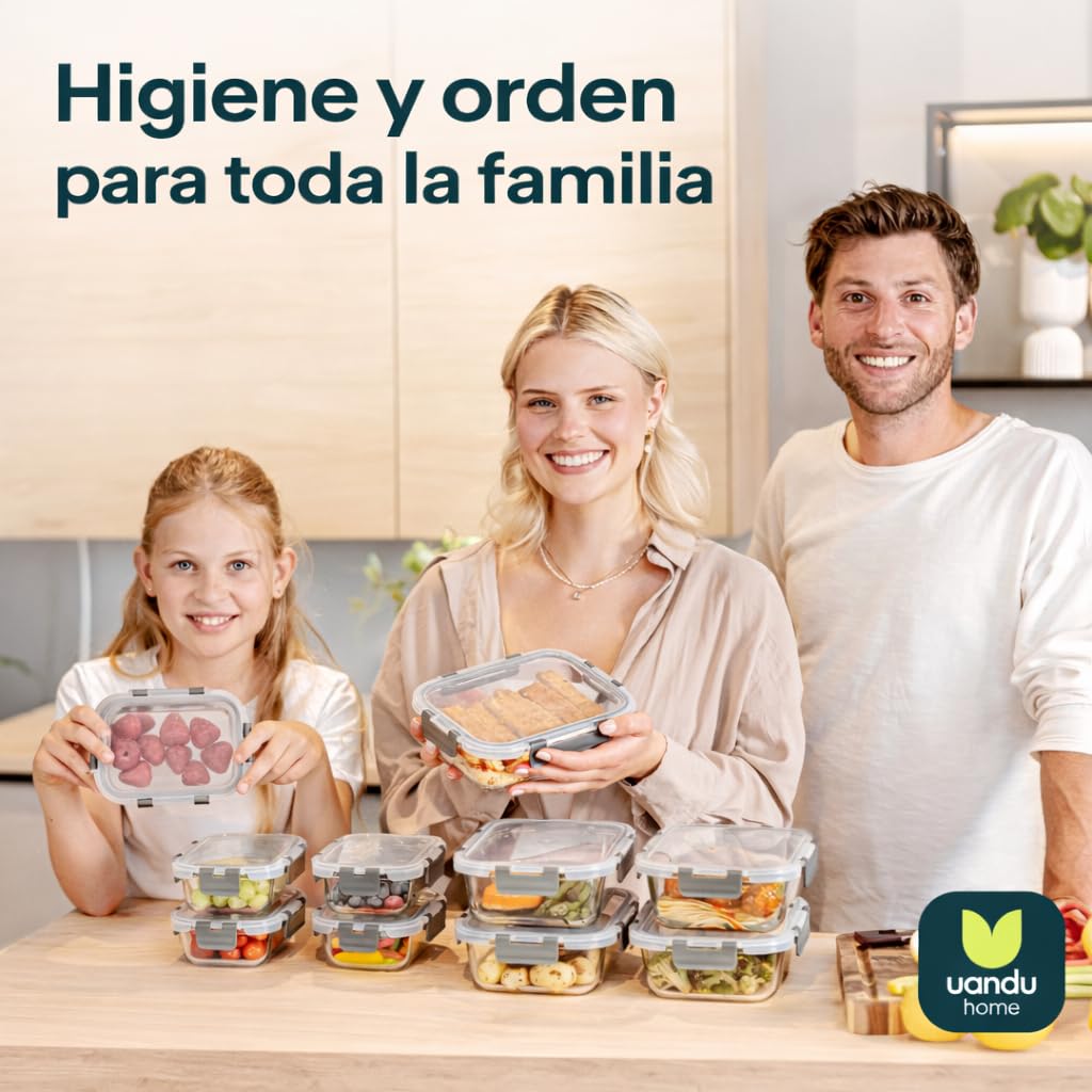 uandu Set de 10 Recipientes Herméticos de Cristal con Tapa para Alimentos, Vidrio Borosilicato, Fiambrera Meal Prep, Sin BPA, Apto Microondas, Horno y Congelador