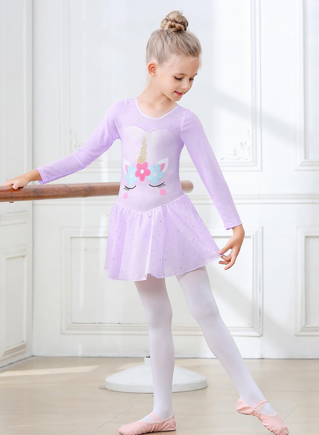 EQSJIU Long Sleeve Dance Leotard for Girls Sparkly Snowflake Ballet Dress Toddler Tutu Skirted Leotard Outfits for Girls
