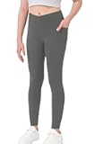 Girls Crossover Yoga Pants, Kids Athletic Leggings with Pockets, Teen Girls Dance Running Workout Leggings