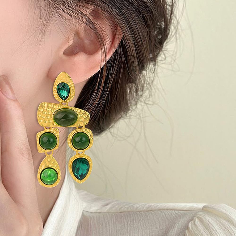 Chunky Green Gemstone Drop Earrings,Dainty Bohemian Irregular Crystal Dangling Statement Earrings Fashion Exaggerated Jewelry Gifts for Women - Image 3