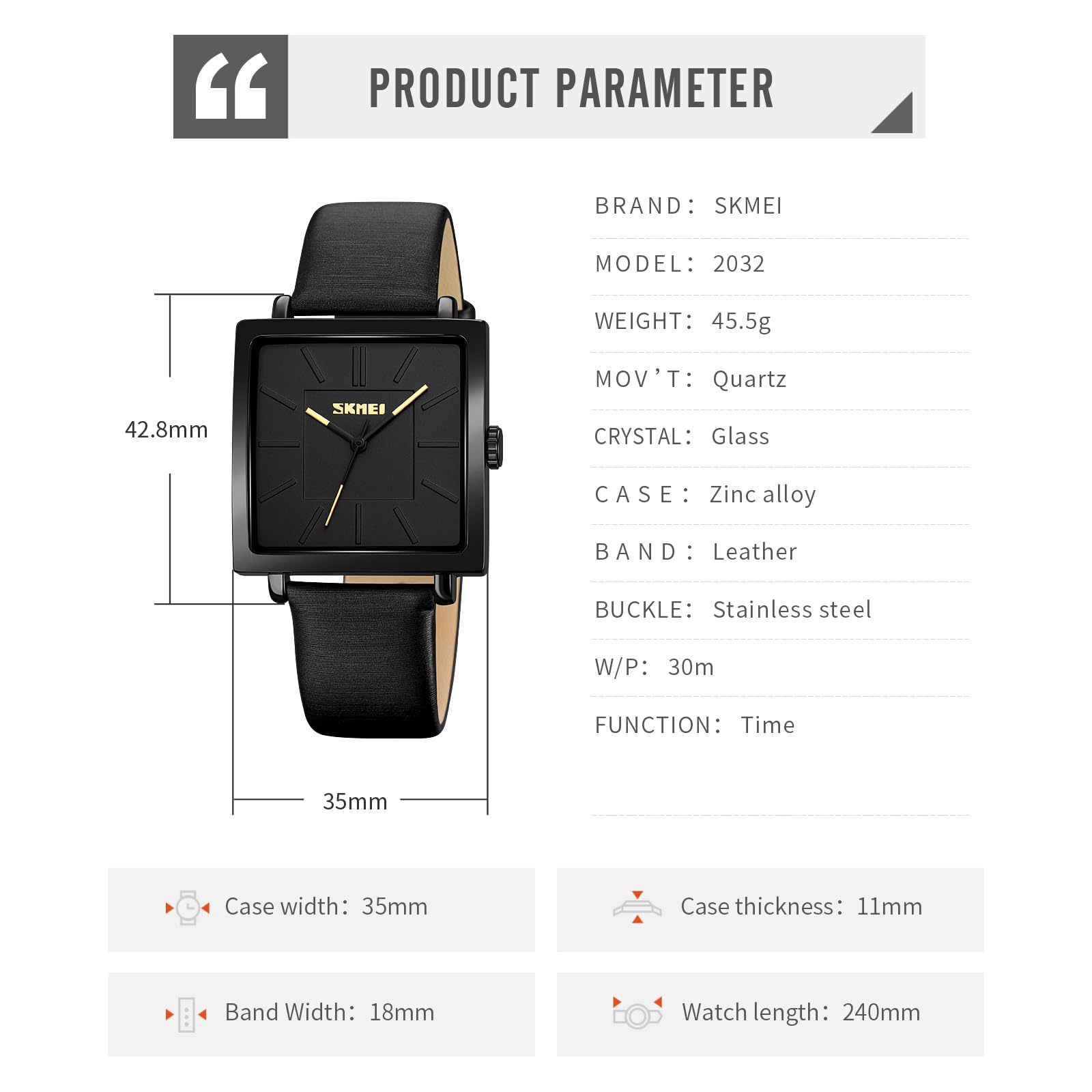 Gosasa Montre à quartz carrée unisexe avec bracelet en cuir minimaliste étanche 3 ATM analogique avec boîtier en alliage de zinc, design classique décontracté pour homme et femme