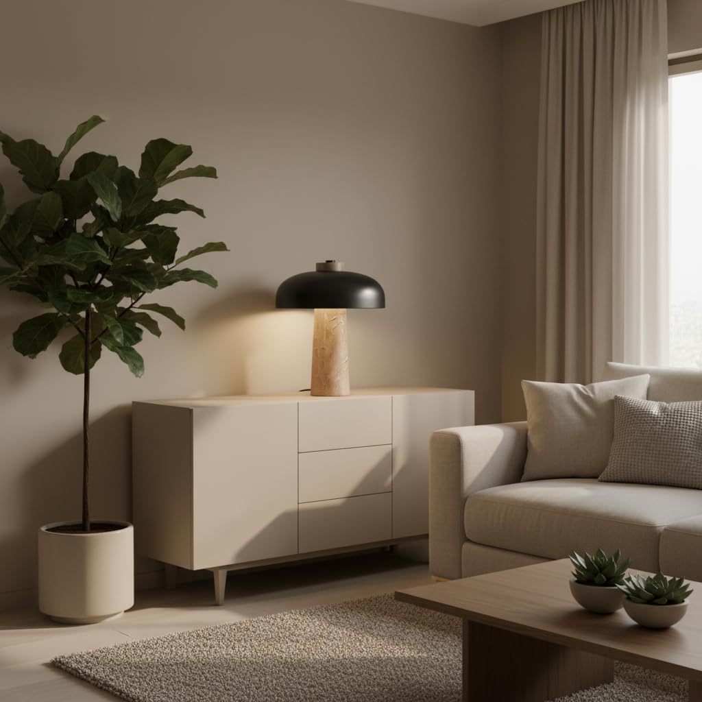 B·LED Barcelona Tischlampe aus Naturstein mit Marmorsockel, modernes minimalistisches Design, warmes LED-Stimmungslicht, Aluminium-Schirm in Weiß oder Schwarz, ideal für Wohnzimmer, Nachttisch