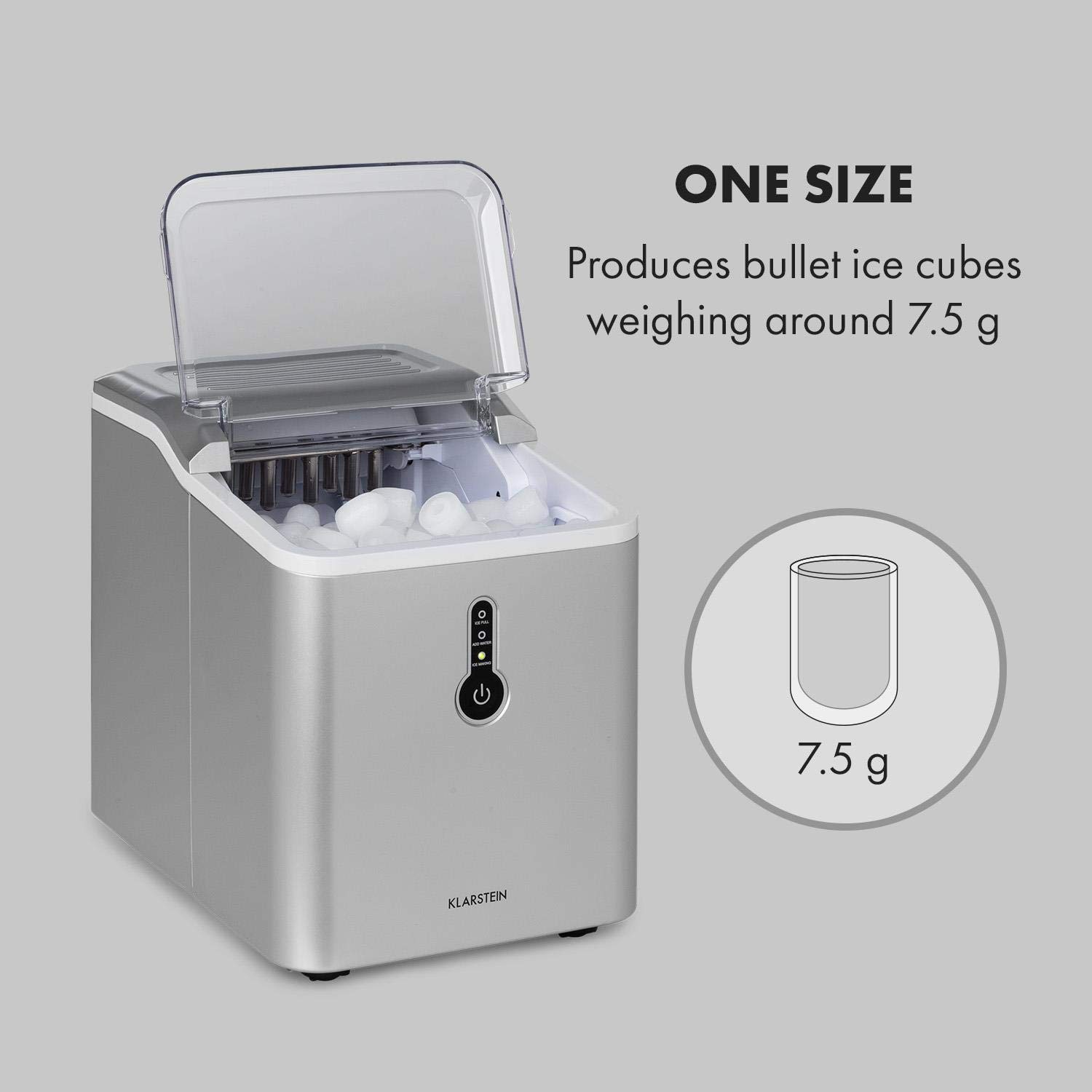 Klarstein Chillout Ice Maker 12 kg Ice Maker Production Cycle: 8 Min, Water Tank: 1.5 L, Ice Maker Without Water Connection with Ice Scoop, Ice Machine Minibar, Stainless Steel, Silver