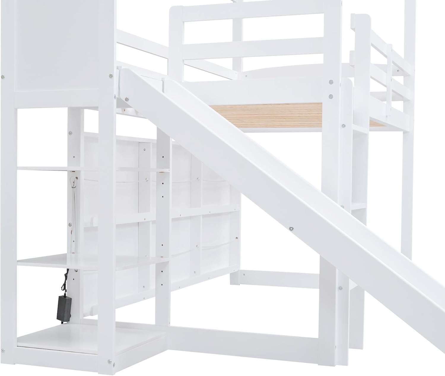 Close-up view of the slide and storage shelves on the Harper & Bright Designs Loft Bed
