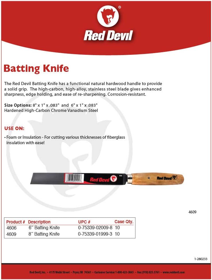 Red Devil 4606 6 Inch Batting Knife – High-Carbon Steel Blade, Durable Hardwood Handle for Precision Insulation Cutting