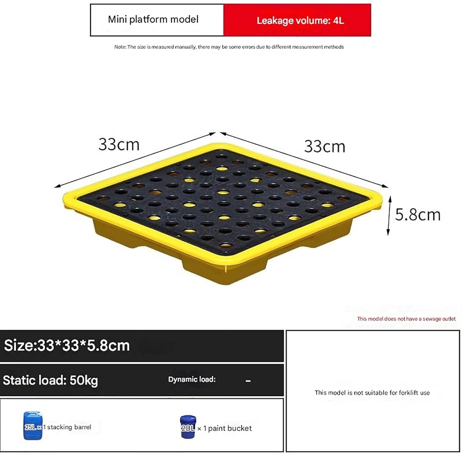 Stackable Spill-Proof Platform Tray, Modular Polyethylene Containment Pallet with Flat Grating for Factory & Warehouse Storage-33x33x5.8