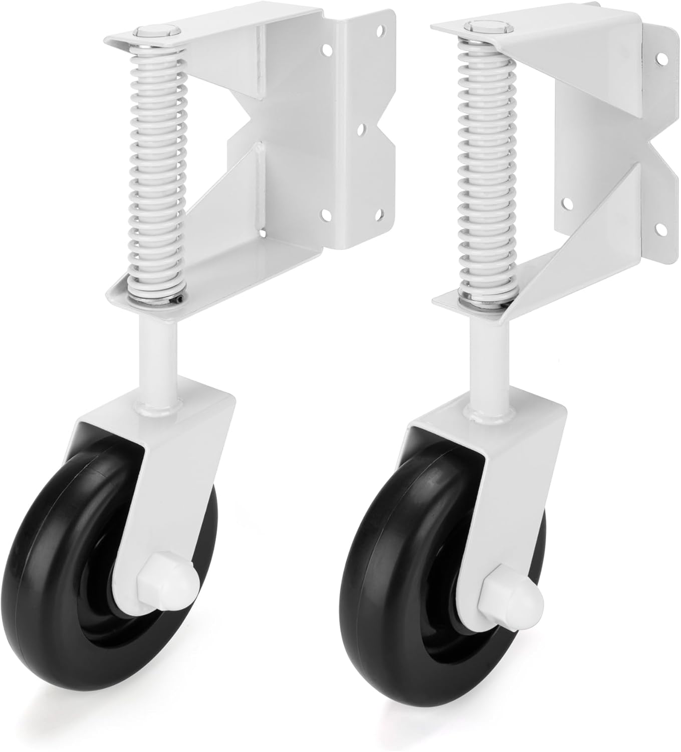 4.3" Heavy Duty Caster Wheel with Spring Loaded for Wooden Gate Fences, 360 Swivel, Right-Angle Mount Plate for Metal Gate, Yard Fence, 220 Lbs Capacity, L&R, White