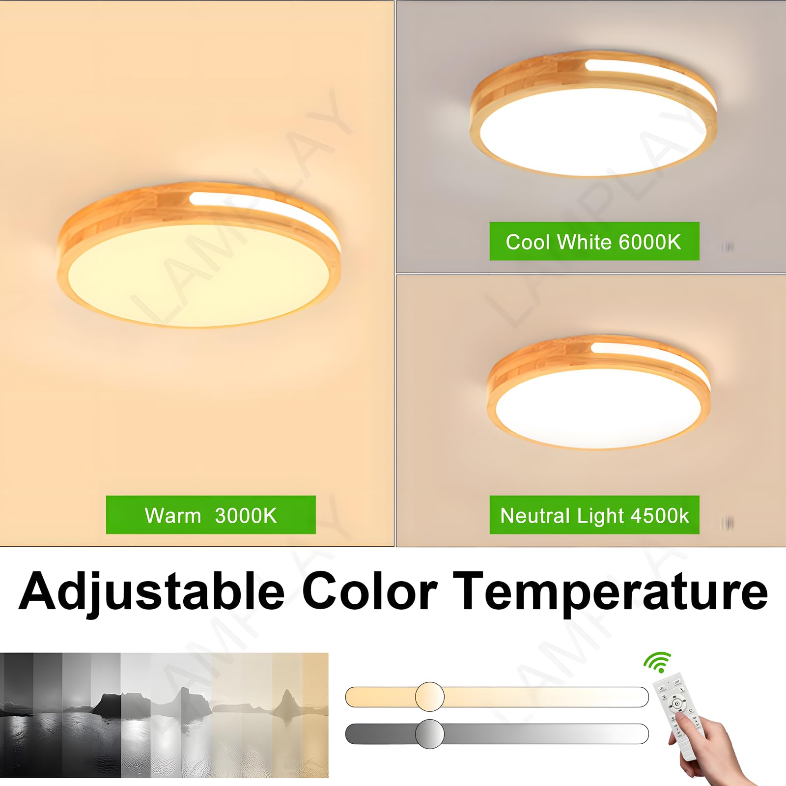 Lámpara De Techo Redonda De Madera, Ø40cm, Lámpara LED Regulable, Madera Natural Original, Control Remoto, 3000K-6000K, 30W, Diseño Hueco Lateral, Ideal Para Dormitorio Sala De Estar Estudio