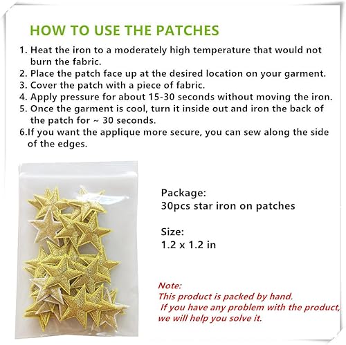 Miniatura 5 de 30 parches para planchar con estrellas doradas, apliques bordados para ropa, chaquetas, sombreros, mochilas, jeans (1.2 pulgadas)