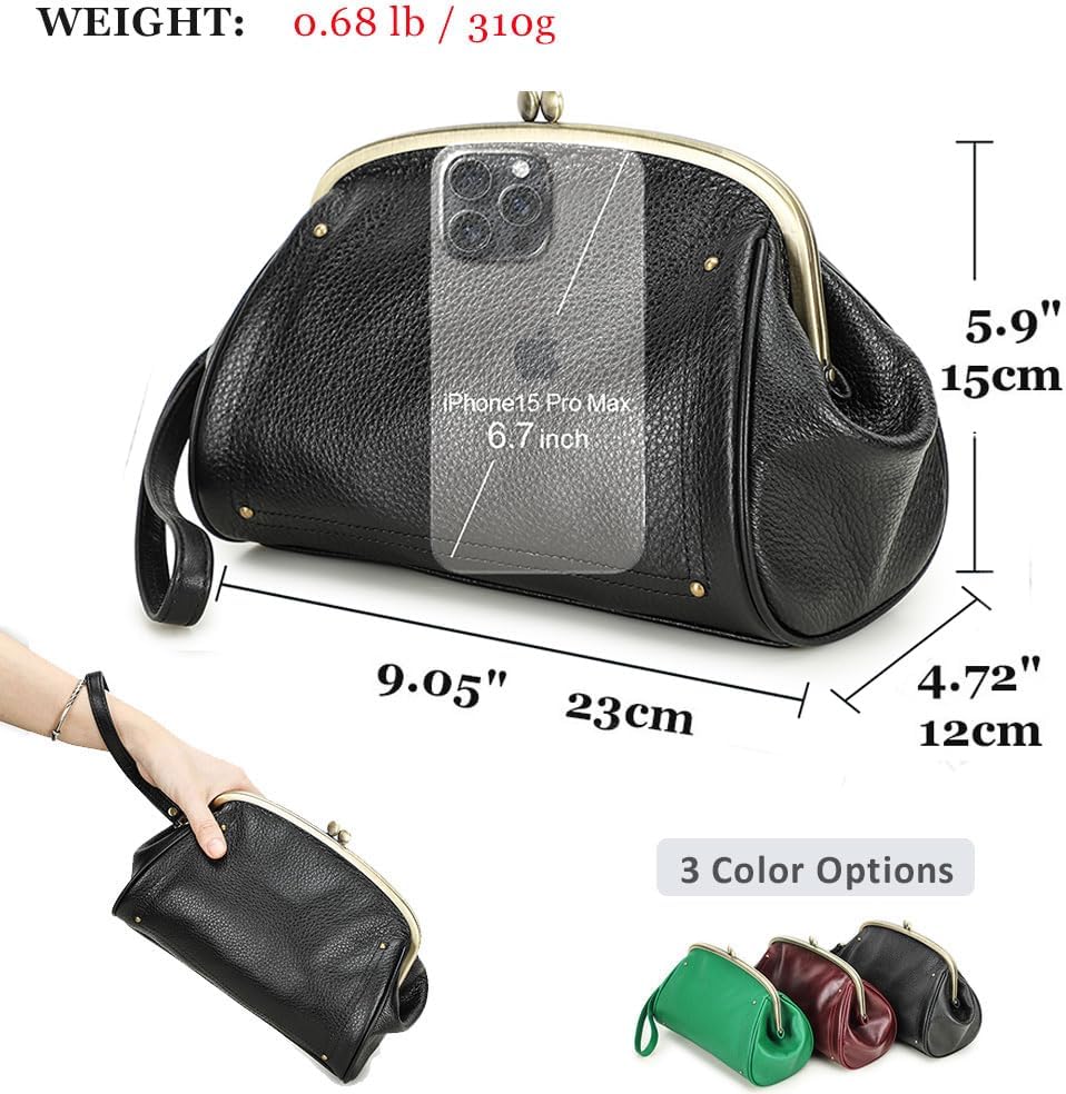 CONTACTS Full Grain Leather Kiss Lock Clutch Purse for Women Evening Clutch Bag Kiss Clasp Handbag