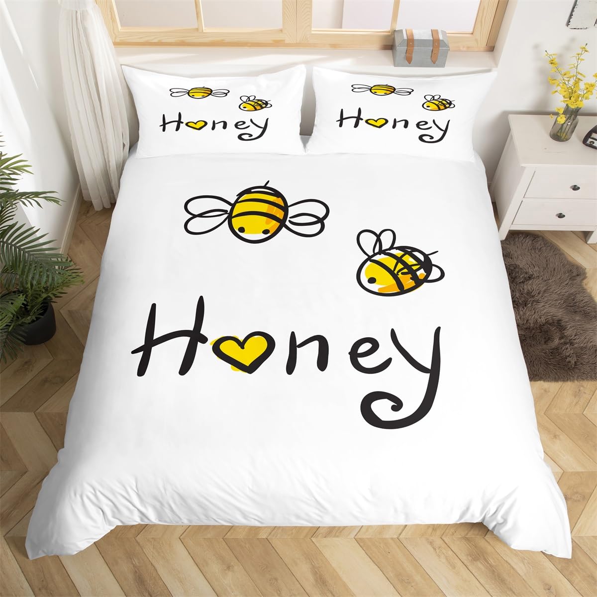 Loussiesd Bee Bedding Set Honey Hive Duvet Cover Set King Size White for Kids Boys Girls Cute Bee Comforter Cover Simple Soft Bed Cover Bedroom Collection 3Pcs