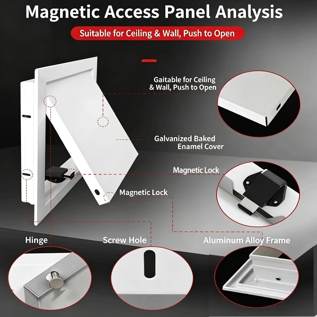 Magnetyczny panel dostępu do płyt kartonowo-gipsowych, bezszwowy właz ścienny do instalacji wodno-kanalizacyjnych i elektrycznych, ciemnoszary, 15 x 20 cm, łatwy dostęp, trwała konstrukcja