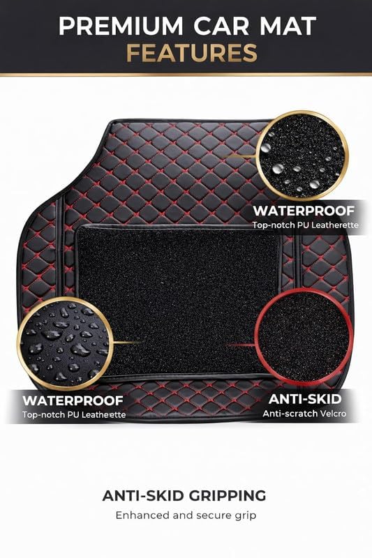 Image of Sinex Universal Fit 7D Car Floor Mat Set for Hyundai Exter 2023 | Premium Leatherette Car Foot Mats | Anti-Skid, Waterproof, Dustproof & Easy to Clean | Full Set of 4 Pieces | Black,Red