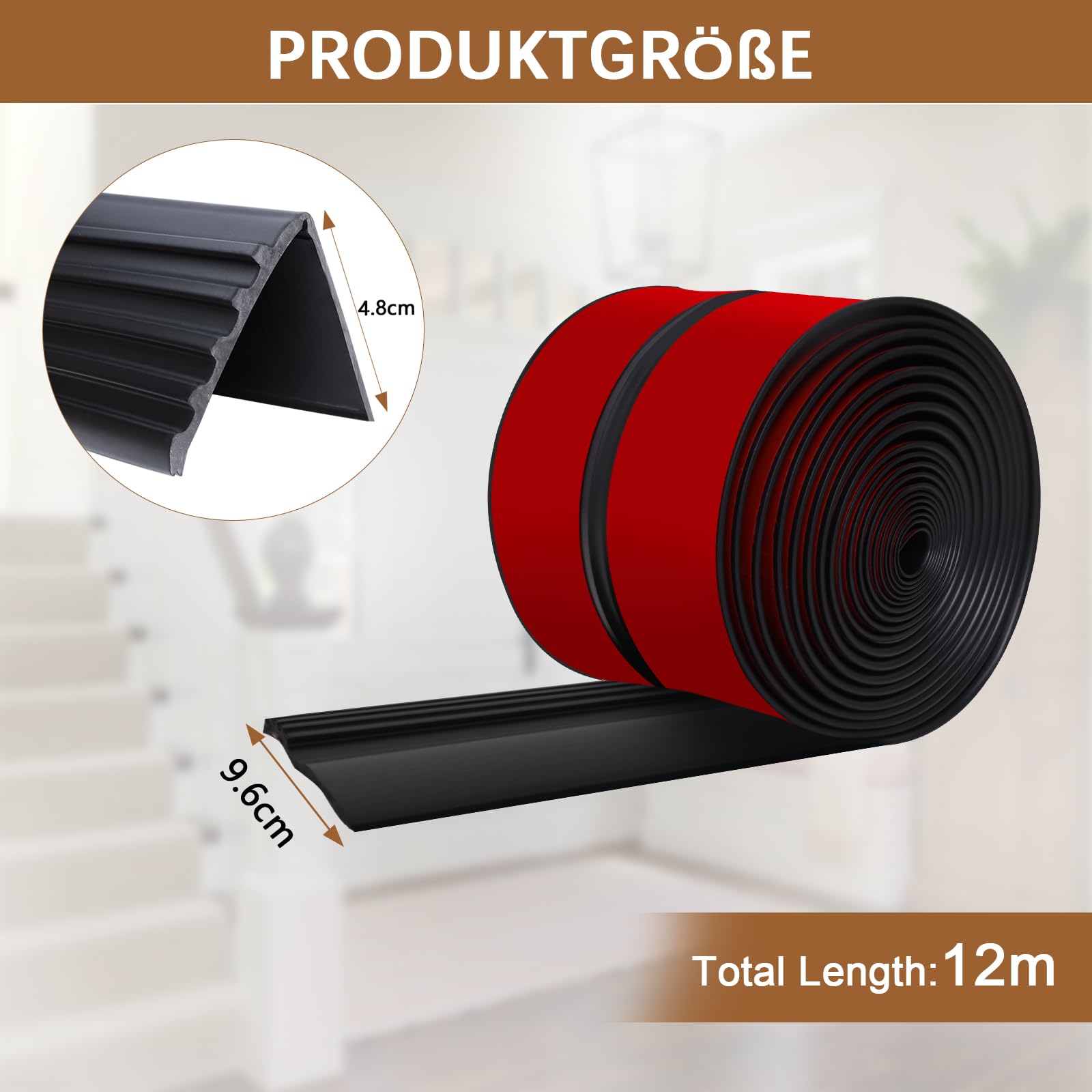 Nez de marche autocollant - 12 m - Antidérapant - Niveaux en caoutchouc flexible - Antidérapant - Protection des nez de marche - Pour l'extérieur et l'intérieur - Noir