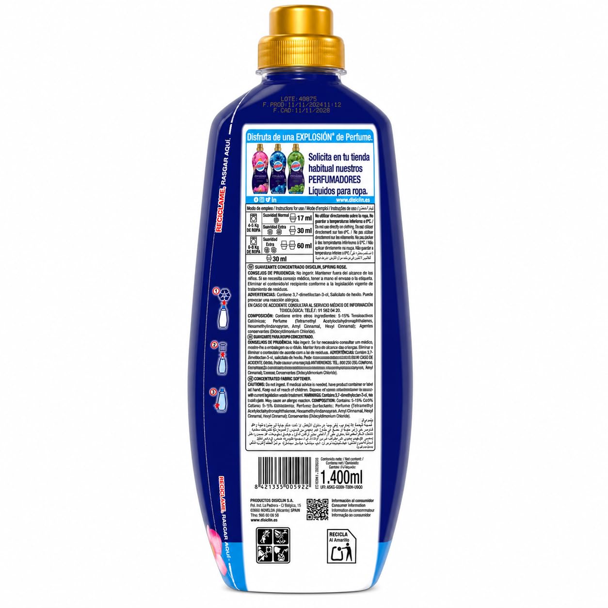 Suavizante Disclin Concentrado Spring Rose 1,4L | Pack 10 Unidades | 800 Lavados | Aroma Floral Duradero | Formato Ahorro 14L | RASMACOR