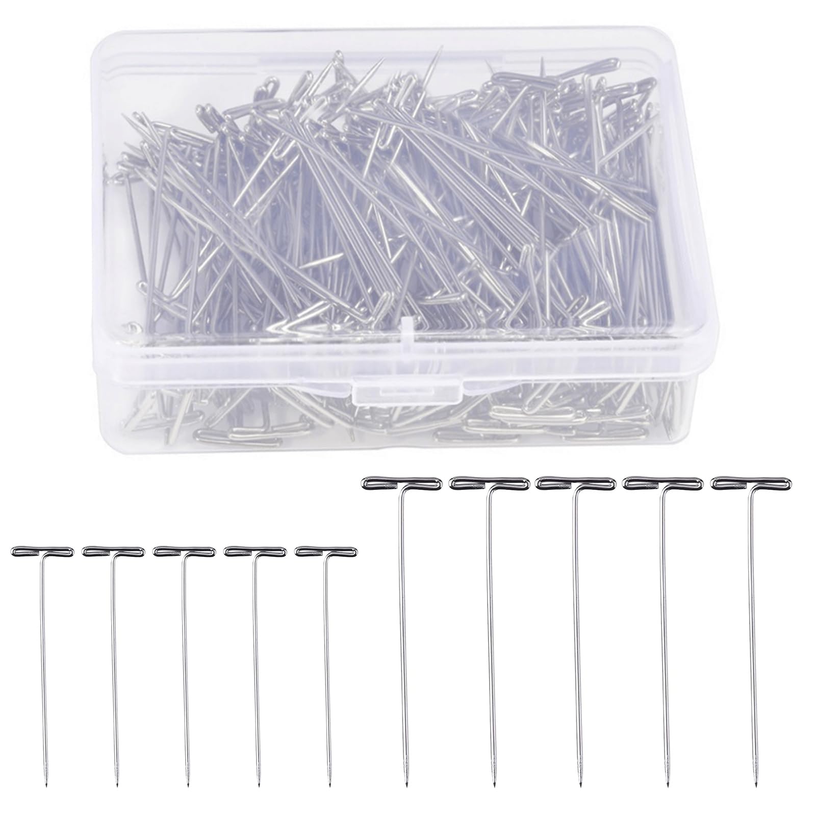 38mm 51mm T Pins for Wigs, 200 Pcs Wig T Pin Stainless Steel T-Pins with Plastic Box for Blocking Knitting Sewing Dressmaking