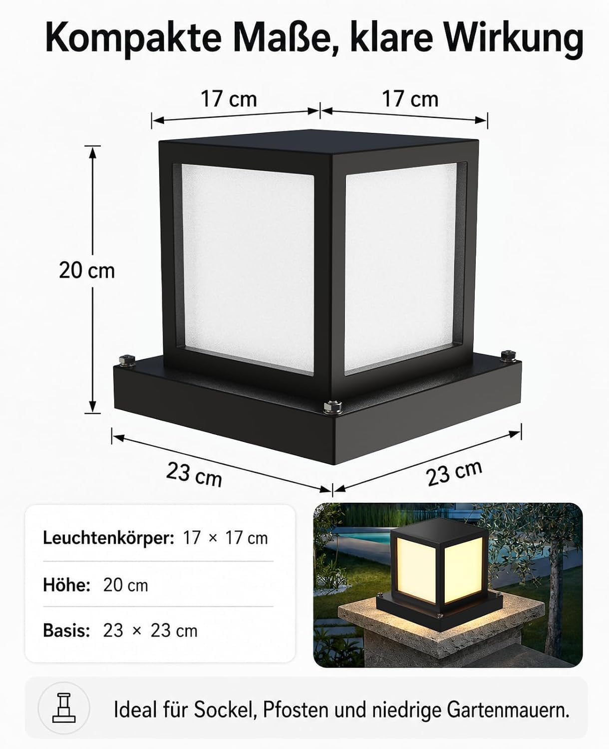 Sockelleuchte Außen 15W LED IP65 Metall E27 Gartenlampe 3 Farbtemperaturen 3000K/4000K/6000K Wegeleuchte Schwarz