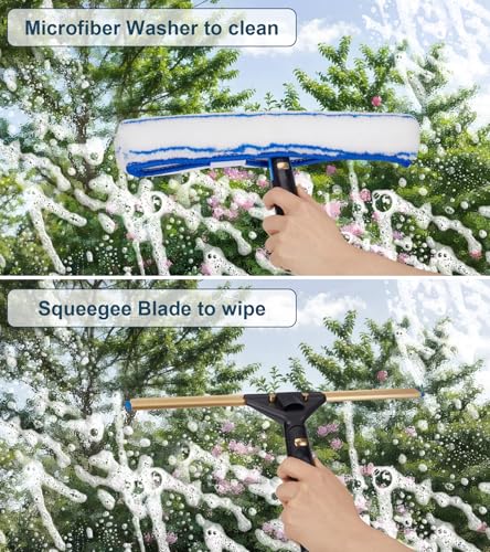 Image of Window Cleaning Kit, Swivel Squeegee & Scrubber with Extension Poles, Foldable Bucket, Blendable Duster, 2 Scrubber Pads & Cleaning Cloth, Glass Scraper Cleaning Tool Kit for Window Glass Mirror Car