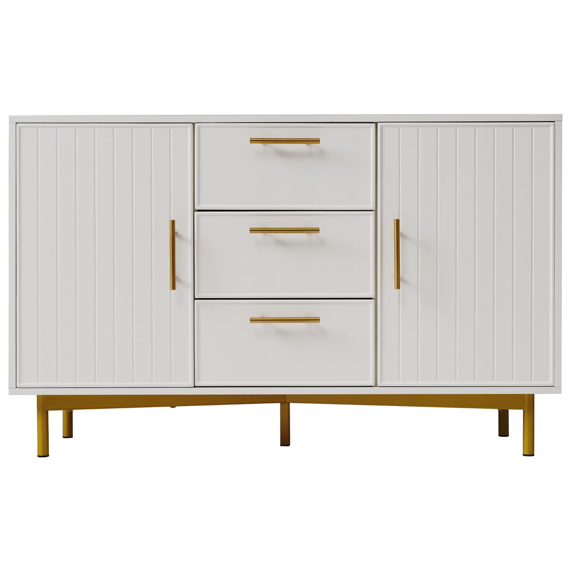 IANIYA Chest of Drawers, 2 Doors and 3 Drawers Chest of Drawers in White, Modern Luxe Style with Metal Base & Gold Handles, Particle Board Construction, Elegant Storage Solution