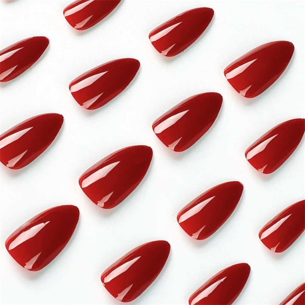 24Pcs Almond Shaped Wearable False Nails Medium Length Solid Colour Press Nail Red Full Coverage Removable Fake