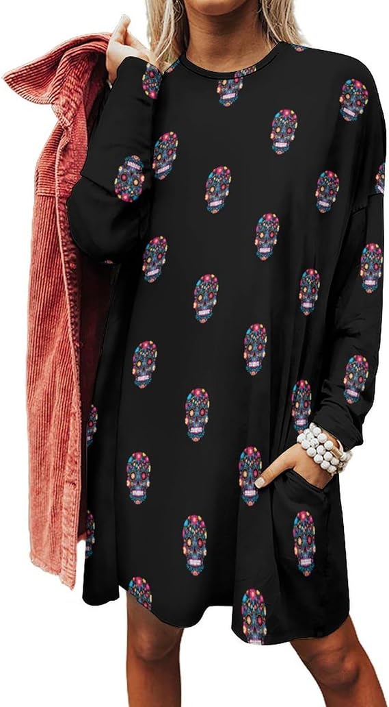Sugar Skull Women's Casual Sweatshirt Dress 6XL