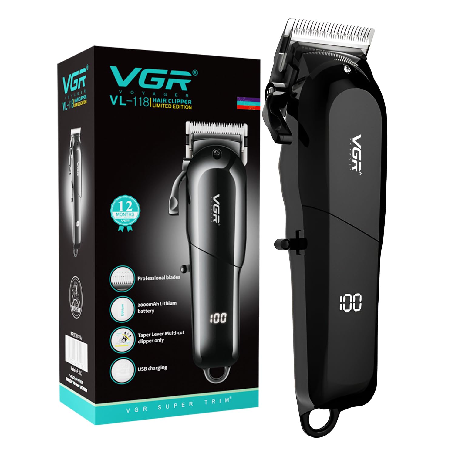 VGR VL-118 Limited Edition Professional Corded & Cordless Hair Clipper | LED Display | 6 Length Settings | 200 min Runtime | Ultra-Sharp Blades | 2000mAh Battery | Salon-Grade Grooming (Black)