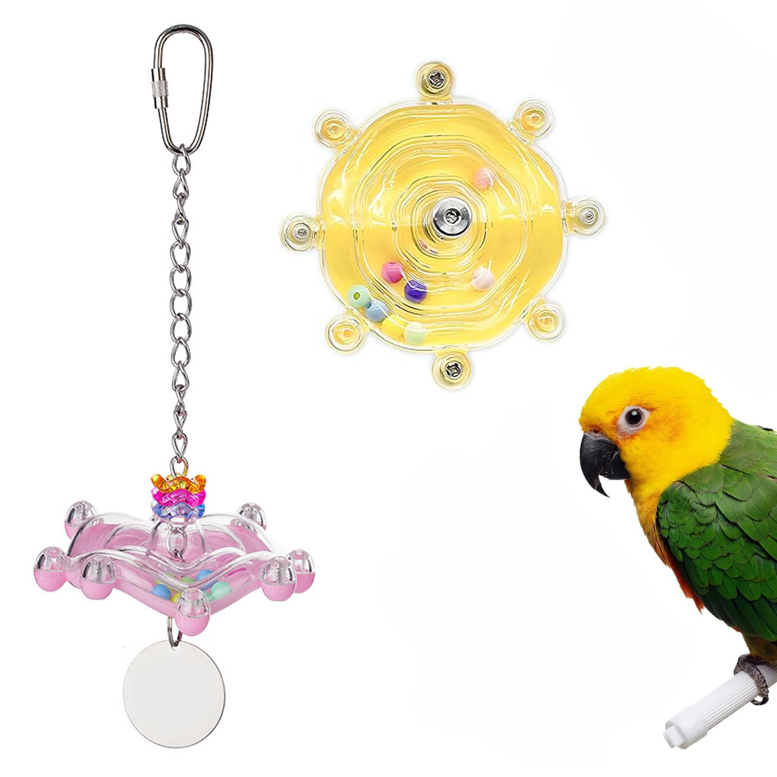 2Pcs Parrot Toys with Spinning Wheel and Rattle, Interactive Chewing Toys for Parakeets, Cockatiel, Budgie, African Grey, Colorful Bird Cage Enrichment Exercise Toys for Small to Medium Birds