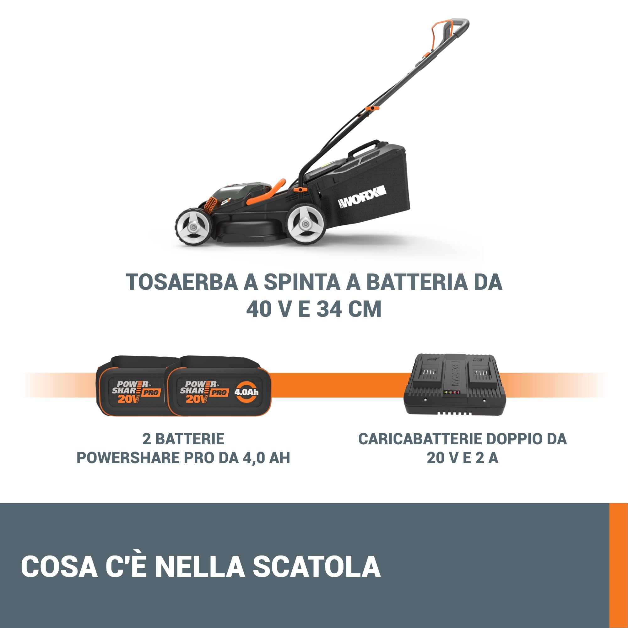 WORX WG779E Tosaerba a Batteria 40V Rasaerba Elettrico da Giardino, Diametro Taglio 34 cm, 2 Batteria da 2,5Ah