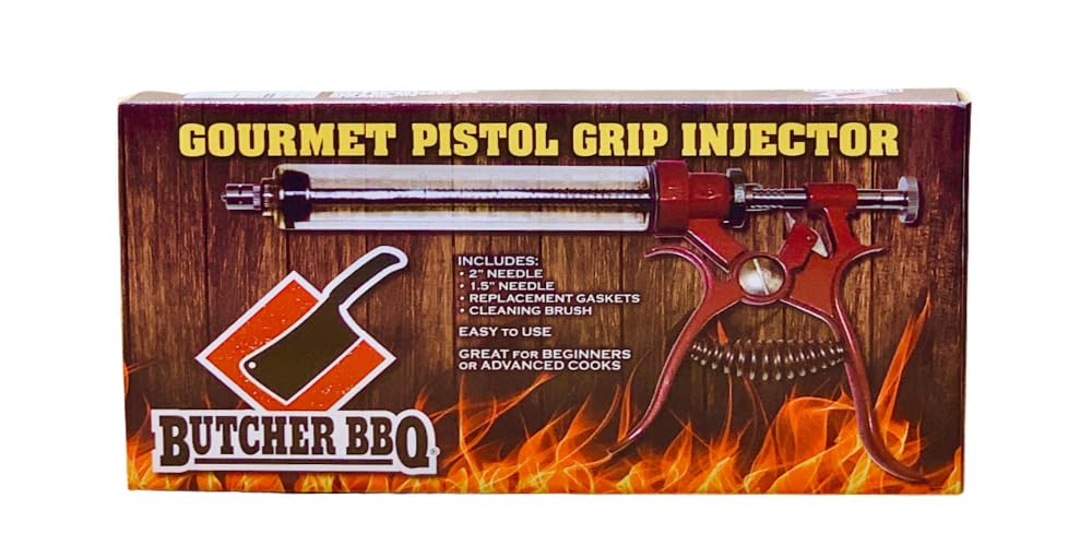 Butcher BBQ Pistolengriff Gourmet Fleischspritze mit Metallgriff 50 cc Pistolengriffspritze mit 2 verschiedenen Nadeln für verschiedene Fleischsorten