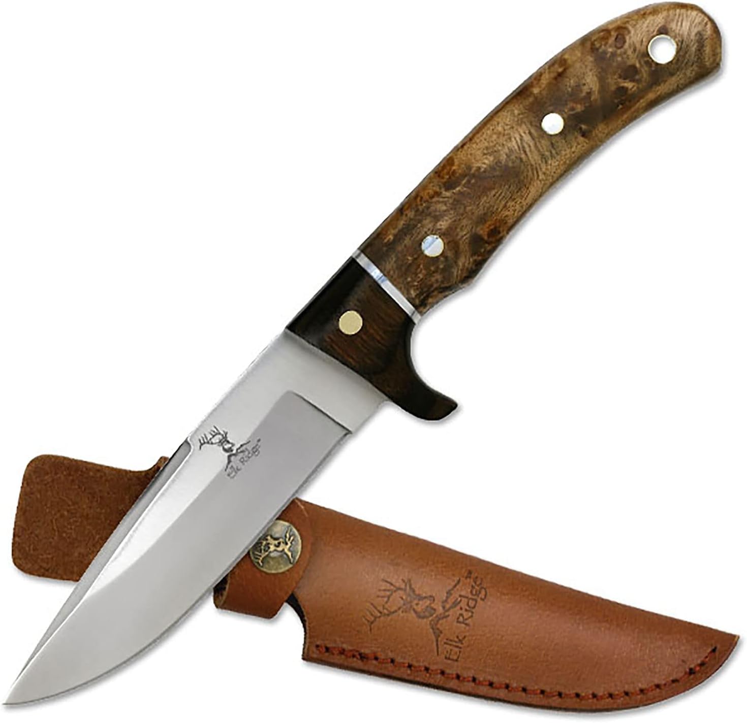 Elk Ridge 9.25 Inch Fixed Blade Hunting Knife with Mirror Finish 440 Stainless Steel Blade, Burl Wood Handle, Includes Leather Sheath