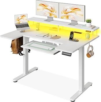 OffiGo Standing Desk, 120cm U Shaped Height Adjustable Desk with Monitor Stand, Electric Sit Stand Rising Table with Sockets, Gaming Computer Table with LED Light for Home Office Workstation, White
