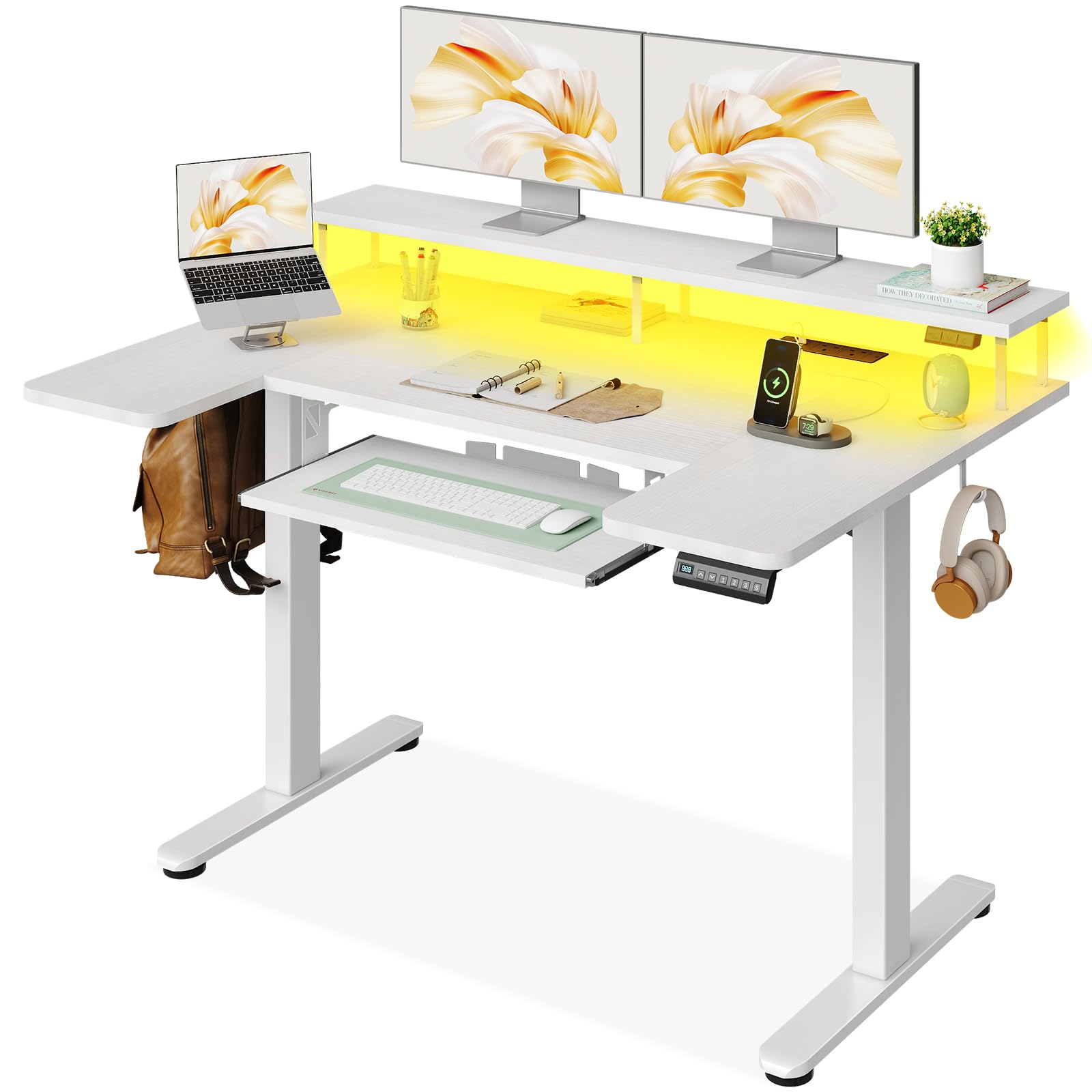 OffiGo Standing Desk, 120cm U Shaped Height Adjustable Desk with Monitor Stand, Electric Sit Stand Rising Table with Sockets, Gaming Computer Table with LED Light for Home Office Workstation, White