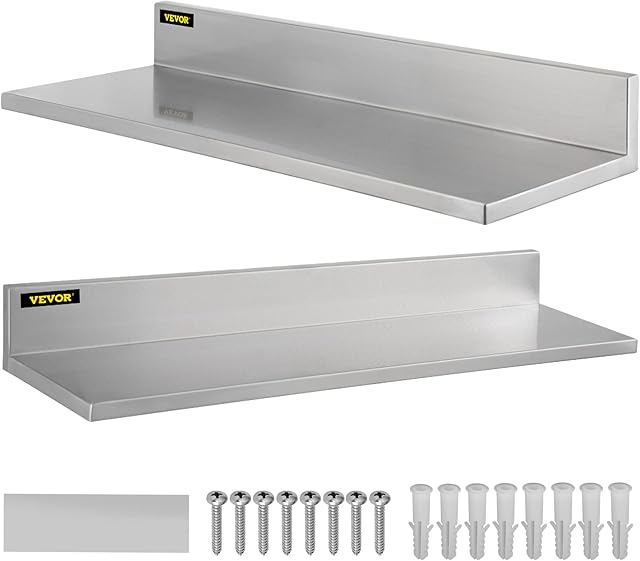 VEVOR 2 Pcs Stainless Steel Wall Shelf Max Load Capacity 20kg, Shelf for Wall Mount 60x22cm with Stand for Kitchen Living Room Garage Workshop Home and Commercial Use