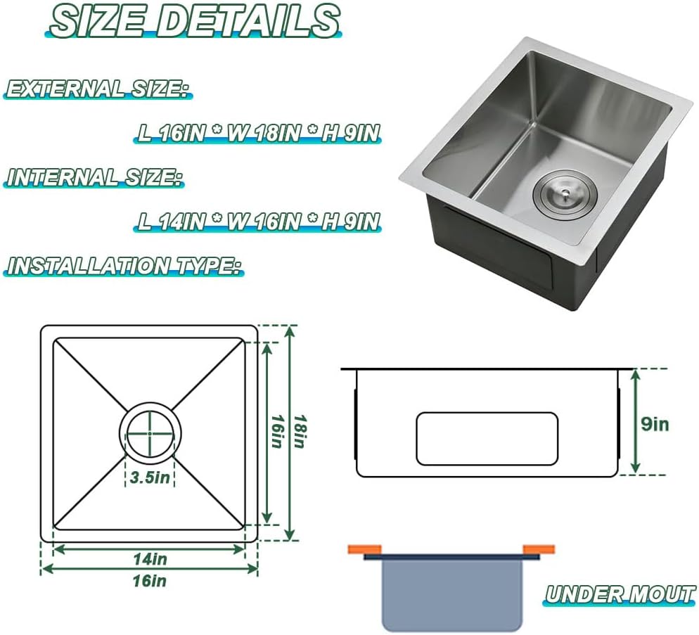 16 x 18 Inch 304 Stainless Steel Undermount Bar Sink,Silver Gray Single Bowl Workstation kitchen Sink With Protective Bottom Grid For Camper,RV Sink