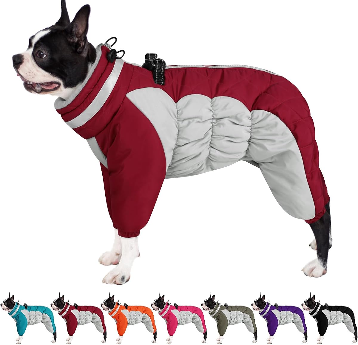 AOFITEE Abrigo para perro de cuerpo completo, chaqueta de forro polar cálido, abrigo de invierno para perros a prueba de viento con arnés incorporado, cuello alto reflectante, chaqueta de nieve para perros, traje de nieve para mascotas de cuatro patas, rojo Navidad M