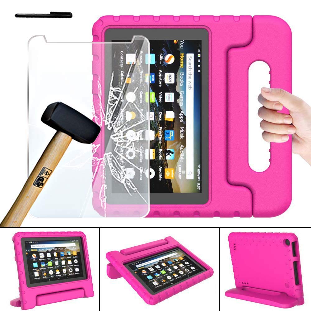 FINDING CASE for Amazon Fire 7 with Alexa Tablet Kids Case(9th & 7th & 5th Gen,2019 & 2017 & 2015 Release) With Tempered Glass Screen Protector Cover - ShockProof Handle Foam Stand Cover pink