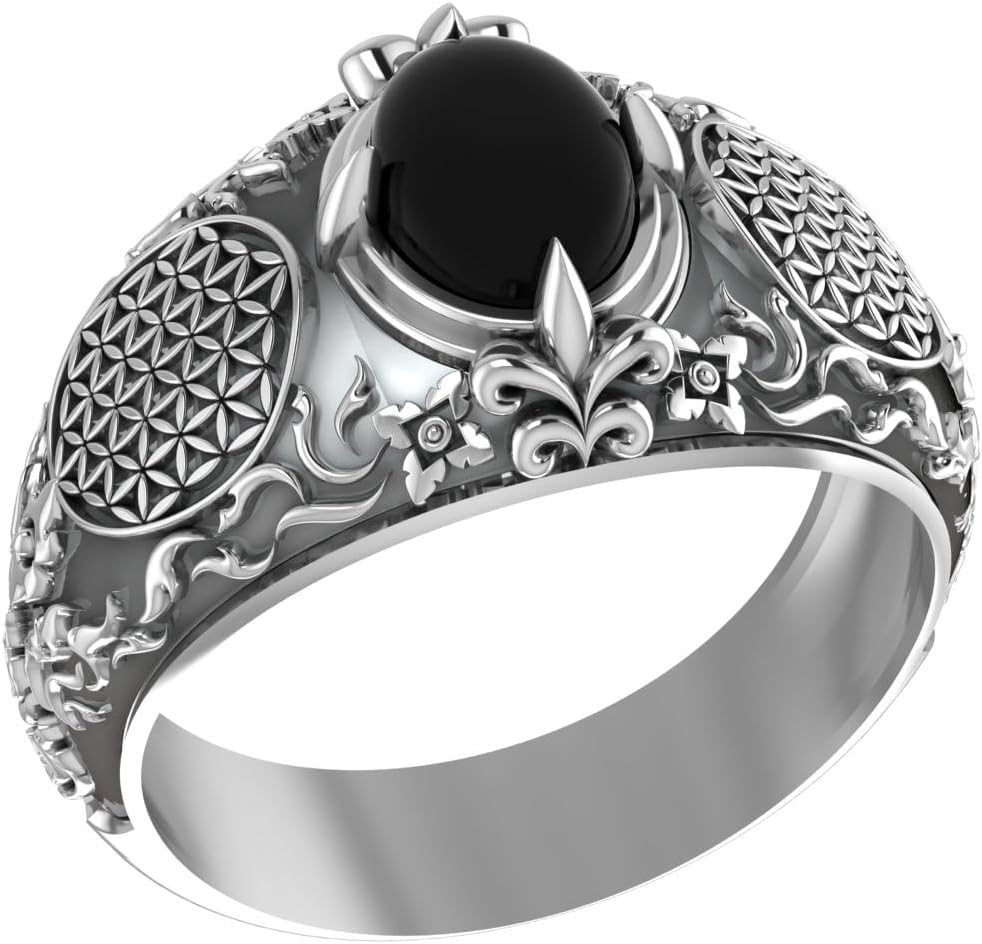 925 Sterling Silver Onyx Flower Of Life Ring Amulet Jewelry Size 6-15
