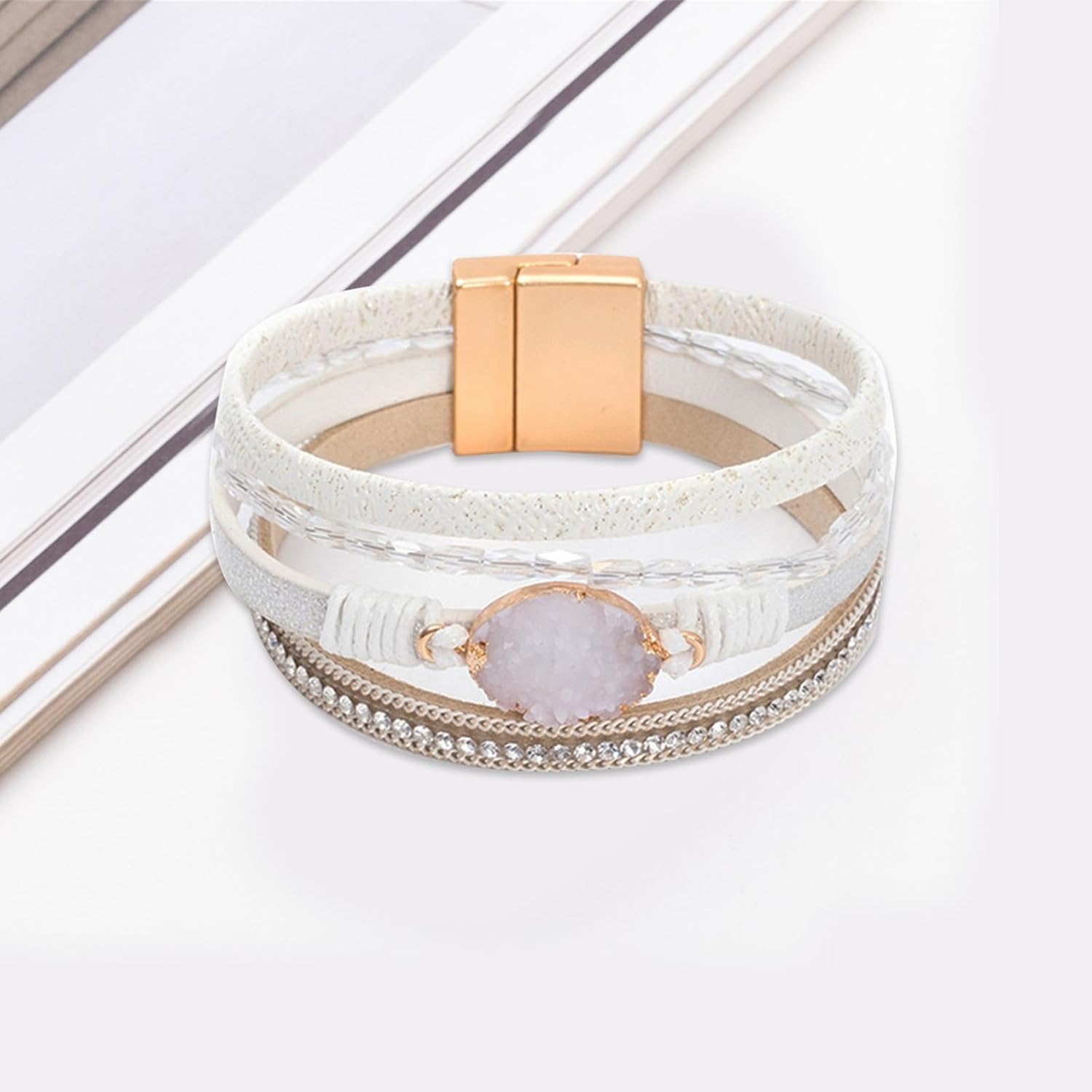 EVKILKJS Leather Wrap Bracelet for Women Boho Crystal Cuff Multi-Layer Bracelet Resin Stone Wrap Stackable Bangle Bracelet Jewelry Gift for Women - Image 5