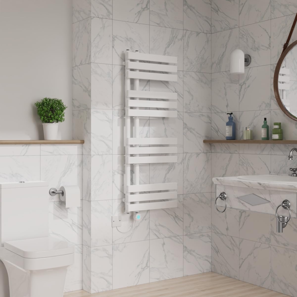Warmehaus White Designer Smart Wifi Thermostatic Electric Bathroom Heated Towel Rail Warmer Radiator With Timer D Shape Tube 1200X450mm