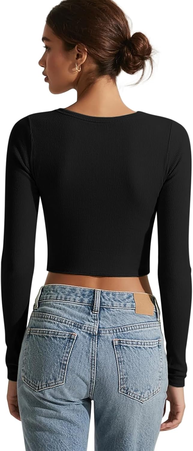 Women’s Long Sleeve Shirts Scoop Neck Crop Tops Ribbed Basic Casual T Shirt Fall Outfits - Image 6