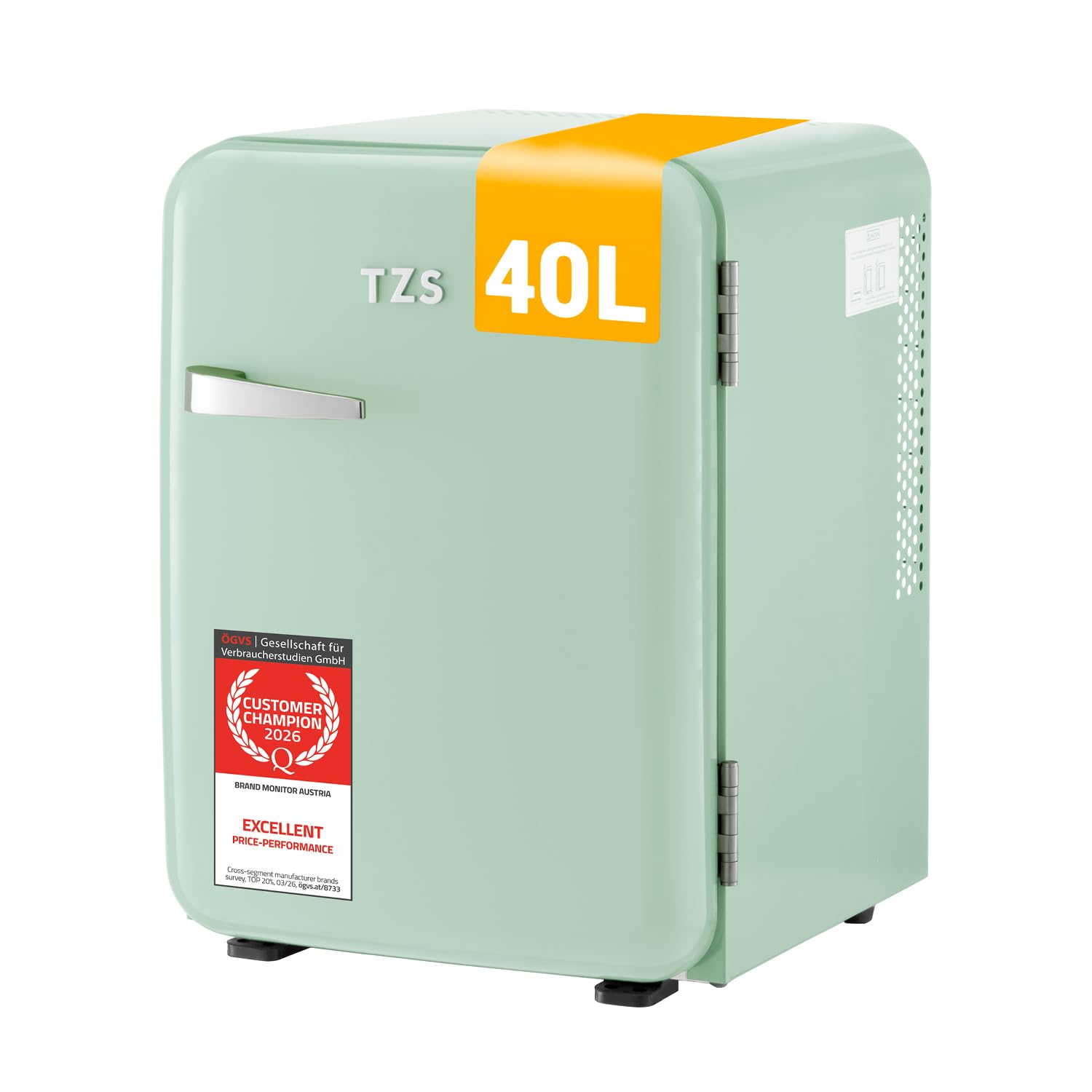 TZS First Austria Cicha mini lodówka | Retro Design | Regulowana moc chłodzenia | Klamka do drzwi | Termoelektryczny system chłodzenia | 40 l | miętowy